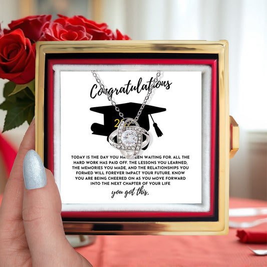 Congratulations Graduation Gift for Her – Rotating Rose Love Knot Necklace with Heartfelt Message Card – Class of 2025 Jewelry for Daughter, Granddaughter, Niece or Friend - Mallard Moon Gift Shop