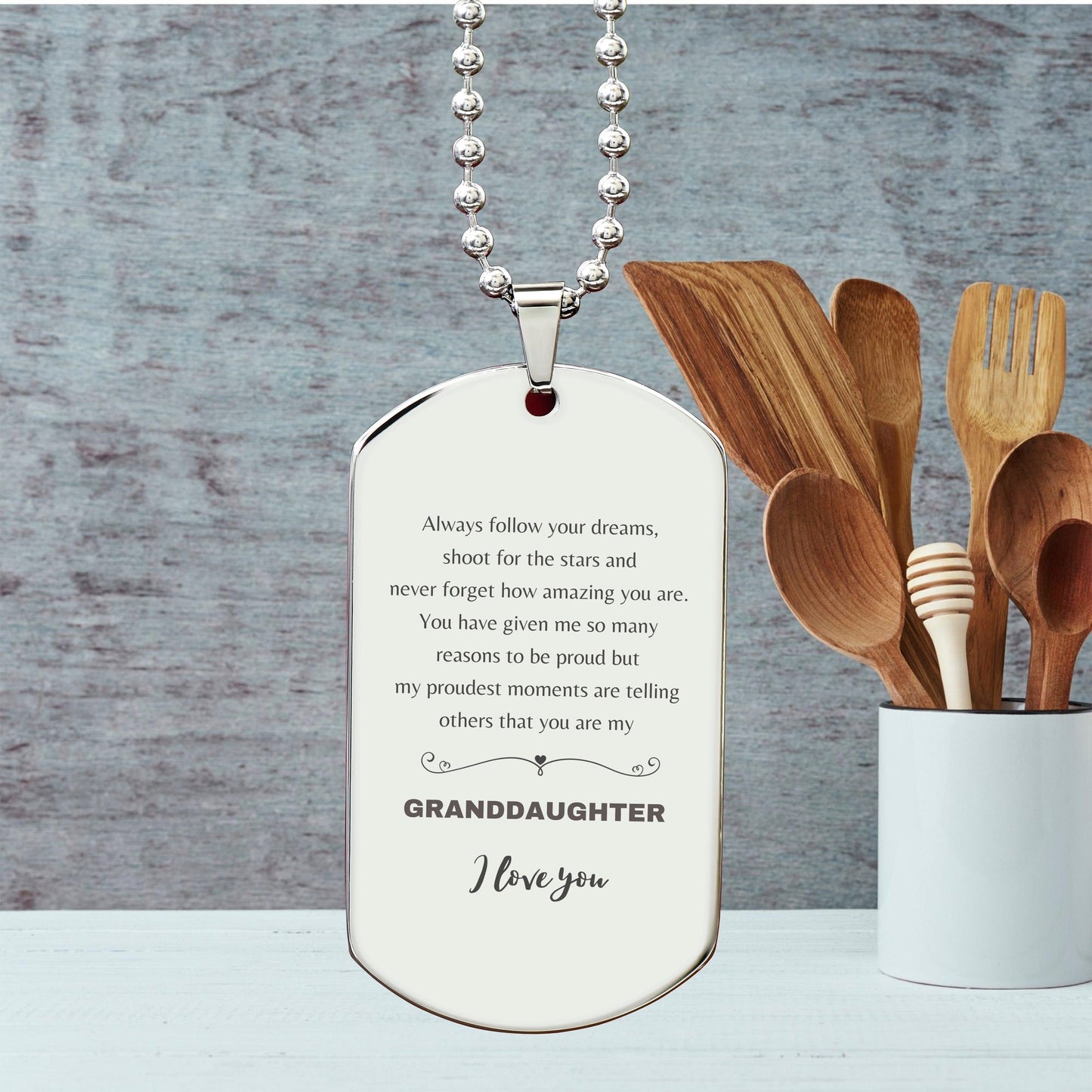 Granddaughter Engraved Silver Dog Tag Necklace, Motivational Heartfelt Birthday, Christmas Holiday Gifts For Granddaughter, You are Braver than you Believe, Loved More than you Know - Mallard Moon Gift Shop