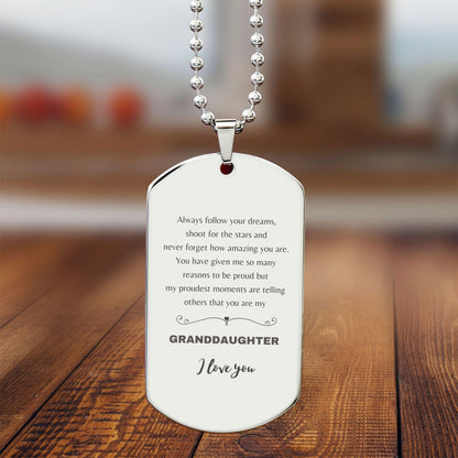 Granddaughter Engraved Silver Dog Tag Necklace, Motivational Heartfelt Birthday, Christmas Holiday Gifts For Granddaughter, You are Braver than you Believe, Loved More than you Know - Mallard Moon Gift Shop