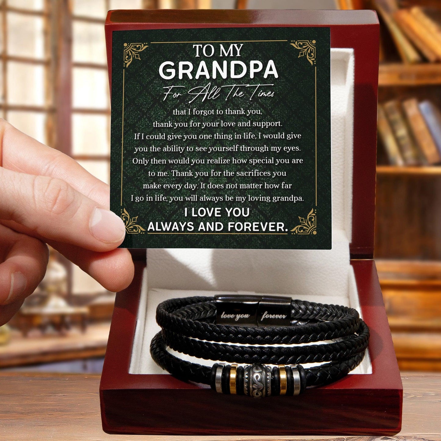 Grandpa Gift Thank You for Your Love and Support Black Braided Leather Men's Bracelet - Mallard Moon Gift Shop