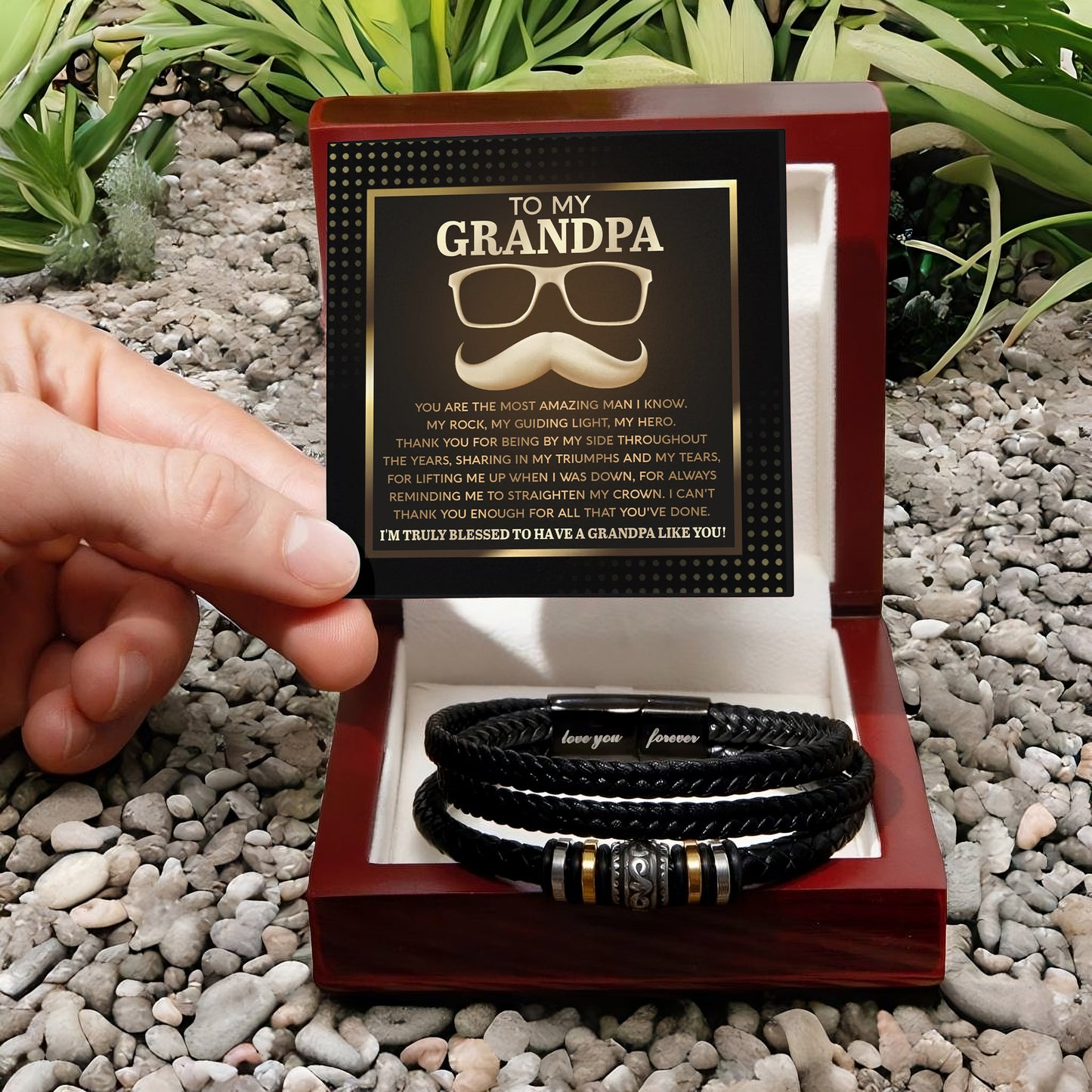 To My Grandpa - My Rock My Guiding Light My Hero Men's Leather Bracelet - Mallard Moon Gift Shop