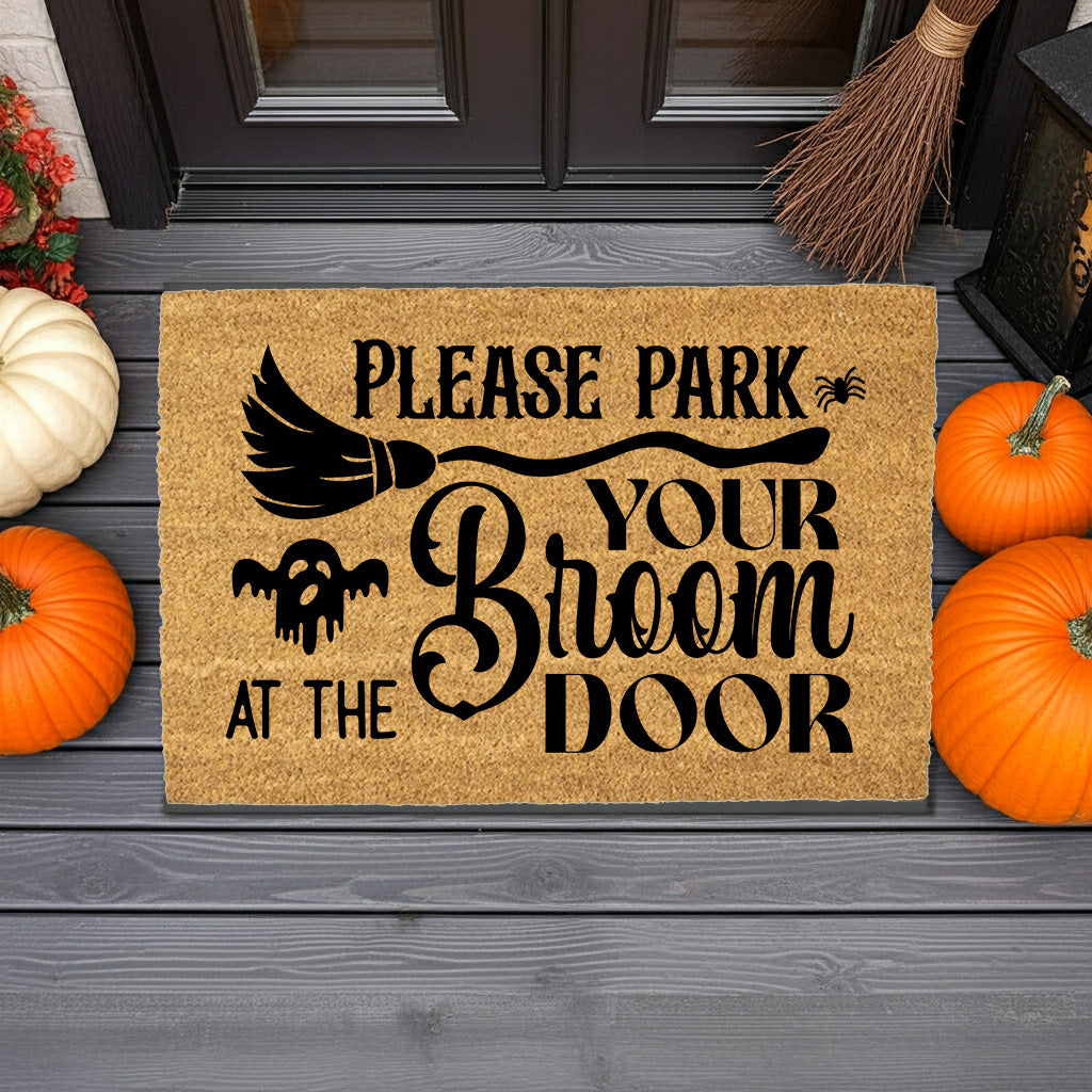 Please Park Your Broom at the Door Coir Doormat – Witchy Halloween Welcome Mat | Funny Fall Porch Decor | Rustic Farmhouse Entryway Rug - Mallard Moon