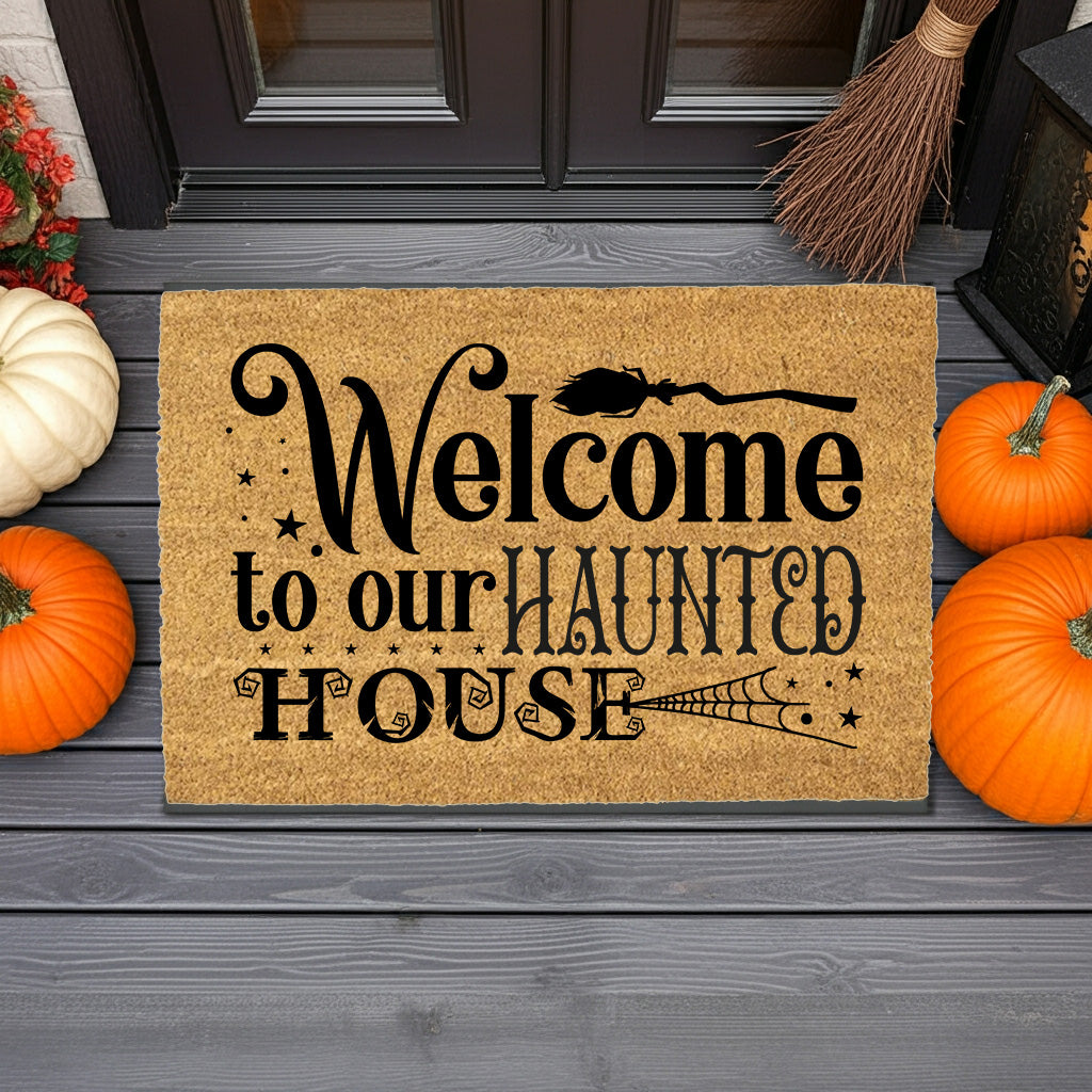 Welcome to Our Haunted House Coir Doormat – Witchy Halloween Welcome Mat | Spooky Fall Front Porch Decor | Rustic Farmhouse Entry Rug - Mallard Moon