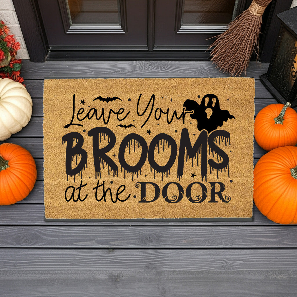 Leave Your Brooms at the Door Coir Doormat – Funny Witch Halloween Welcome Mat | Spooky Fall Front Porch Decor | Rustic Outdoor Entry Rug - Mallard Moon