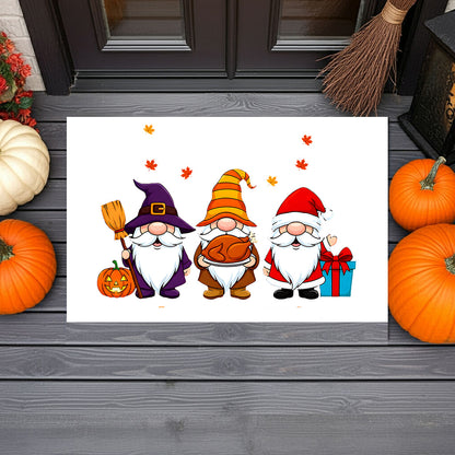 Holiday Gnome Trio Doormat – Halloween, Thanksgiving & Christmas All-in-One Welcome Mat – Cute Seasonal Full-Color Entry Rug - Mallard Moon