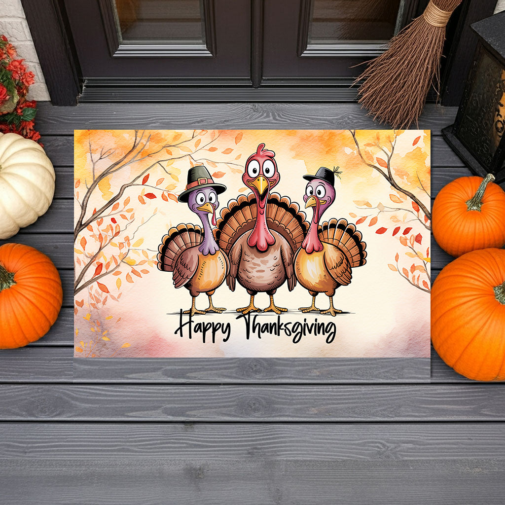 Happy Thanksgiving Turkey Doormat – Funny Fall Welcome Mat with Cartoon Turkeys & Autumn Leaves – Full-Color Entry Rug for Holiday Decor - Mallard Moon