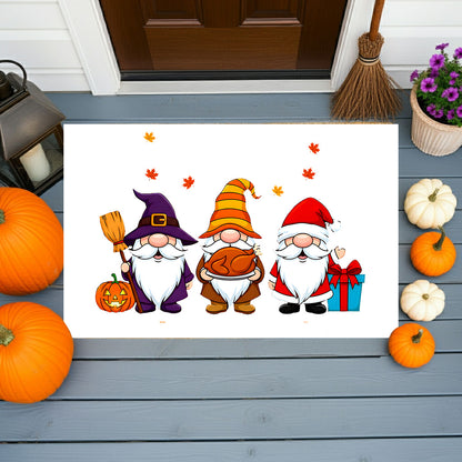 Holiday Gnome Trio Doormat – Halloween, Thanksgiving & Christmas All-in-One Welcome Mat – Cute Seasonal Full-Color Entry Rug - Mallard Moon