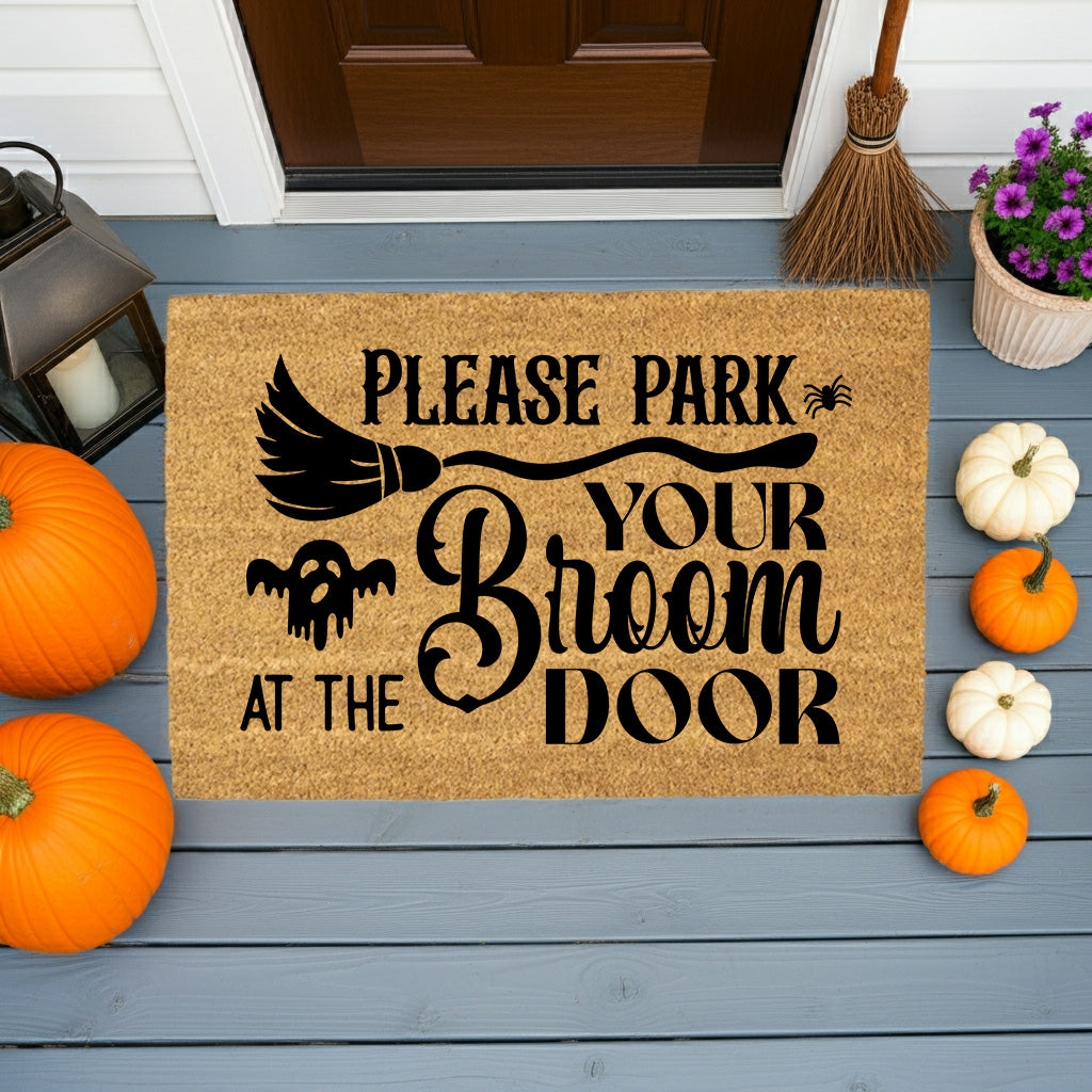 Please Park Your Broom at the Door Coir Doormat – Witchy Halloween Welcome Mat | Funny Fall Porch Decor | Rustic Farmhouse Entryway Rug - Mallard Moon