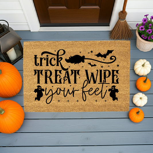 Trick, Treat, Wipe Your Feet Coir Doormat – Funny Halloween Welcome Mat | Spooky Ghost and Bat Porch Decor | Rustic Fall Entryway Rug - Mallard Moon