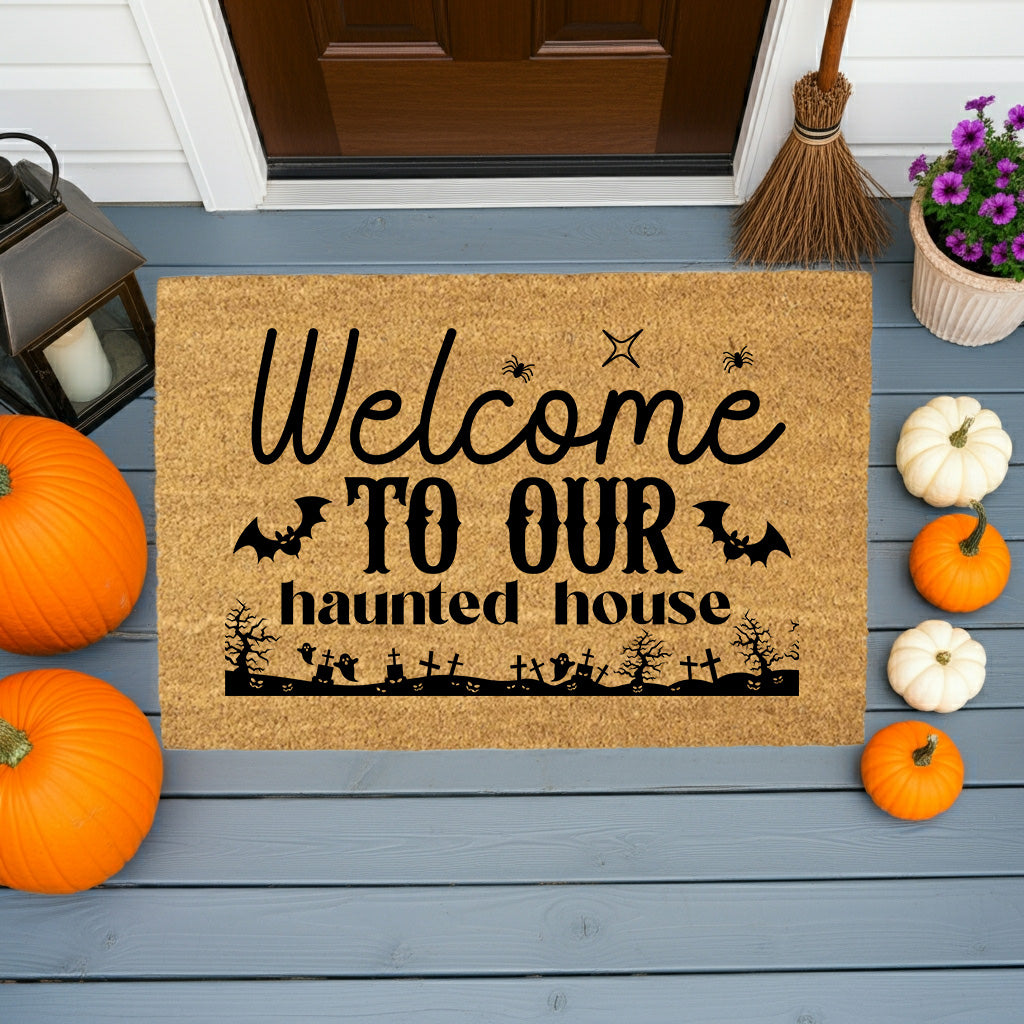 Welcome to Our Haunted House Coir Doormat – Spooky Halloween Welcome Mat | Rustic Haunted Porch Decor | Funny Fall Entryway Rug - Mallard Moon