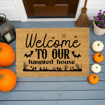 Welcome to Our Haunted House Coir Doormat – Spooky Halloween Welcome Mat | Rustic Haunted Porch Decor | Funny Fall Entryway Rug - Mallard Moon