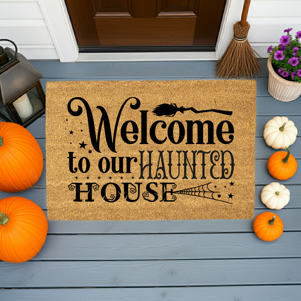 Welcome to Our Haunted House Coir Doormat – Witchy Halloween Welcome Mat | Spooky Fall Front Porch Decor | Rustic Farmhouse Entry Rug - Mallard Moon