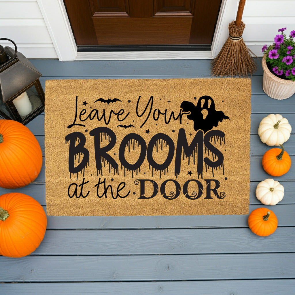Leave Your Brooms at the Door Coir Doormat – Funny Witch Halloween Welcome Mat | Spooky Fall Front Porch Decor | Rustic Outdoor Entry Rug - Mallard Moon