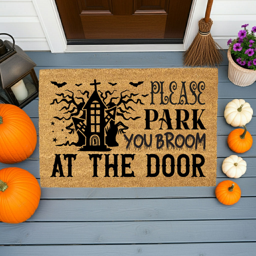 Please Park Your Broom at the Door Coir Doormat – Funny Witch Halloween Welcome Mat | Haunted House Front Porch Decor | Spooky Fall Entry Rug - Mallard Moon