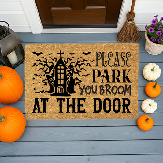 Please Park Your Broom at the Door Coir Doormat – Funny Witch Halloween Welcome Mat | Haunted House Front Porch Decor | Spooky Fall Entry Rug - Mallard Moon