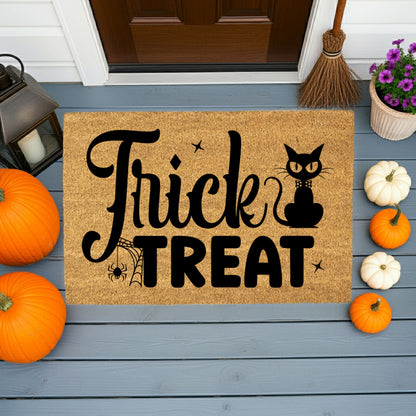 Trick or Treat Coir Doormat – Cute Black Cat Halloween Welcome Mat | Spooky Front Porch Decor | Rustic Fall Entryway Rug - Mallard Moon