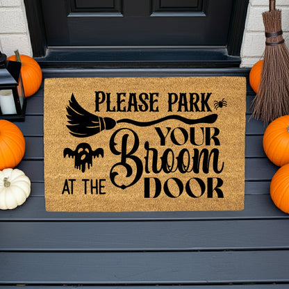 Please Park Your Broom at the Door Coir Doormat – Witchy Halloween Welcome Mat | Funny Fall Porch Decor | Rustic Farmhouse Entryway Rug - Mallard Moon