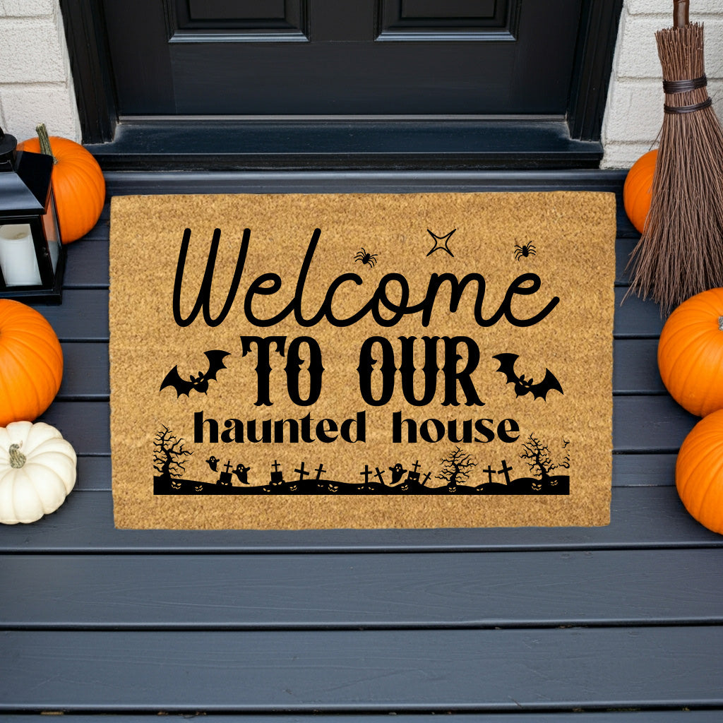Welcome to Our Haunted House Coir Doormat – Spooky Halloween Welcome Mat | Rustic Haunted Porch Decor | Funny Fall Entryway Rug - Mallard Moon
