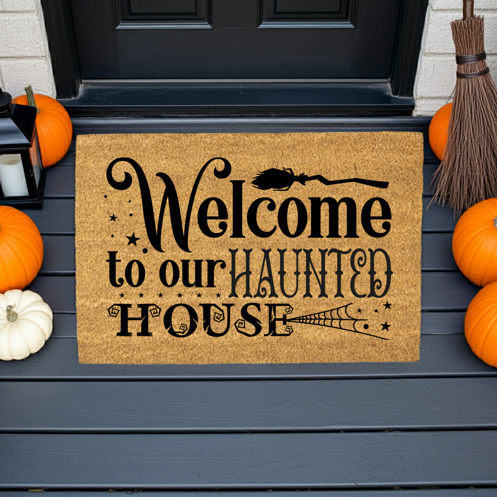 Welcome to Our Haunted House Coir Doormat – Witchy Halloween Welcome Mat | Spooky Fall Front Porch Decor | Rustic Farmhouse Entry Rug - Mallard Moon