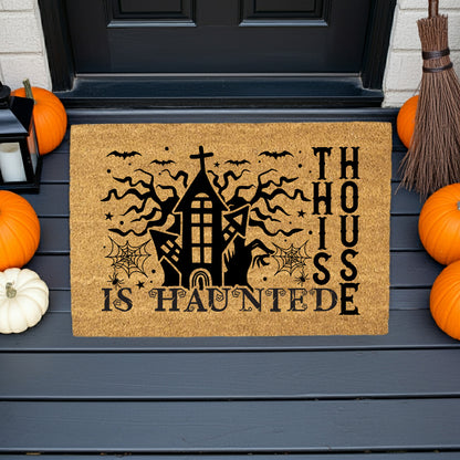 This House Is Haunted Coir Doormat – Haunted House Halloween Welcome Mat | Spooky Front Porch Decor | Rustic Fall Entryway Rug - Mallard Moon