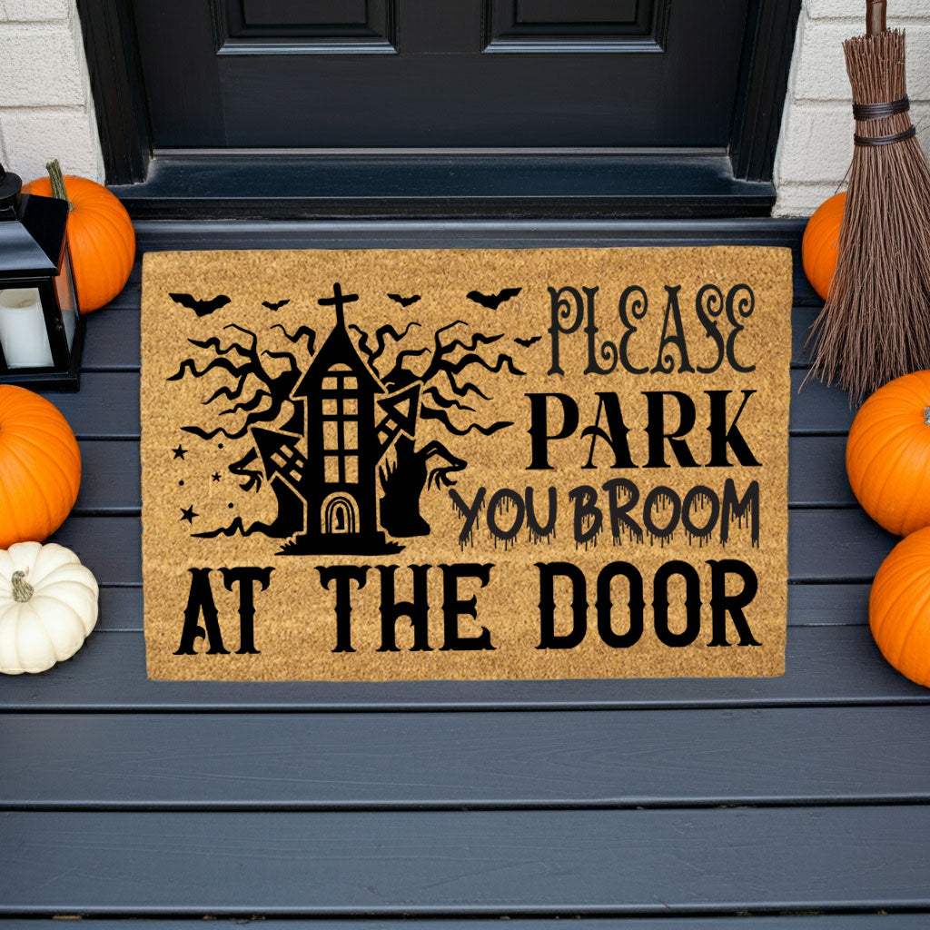 Please Park Your Broom at the Door Coir Doormat – Funny Witch Halloween Welcome Mat | Haunted House Front Porch Decor | Spooky Fall Entry Rug - Mallard Moon