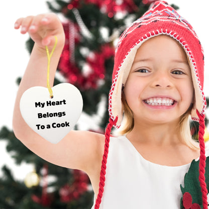 Funny Cook Gifts from Friends - My Heart Belongs To A Cook Heart Ornament, Unique Christmas Unique Gifts for Cook, Heart-Shaped Ornament with Gold Cord