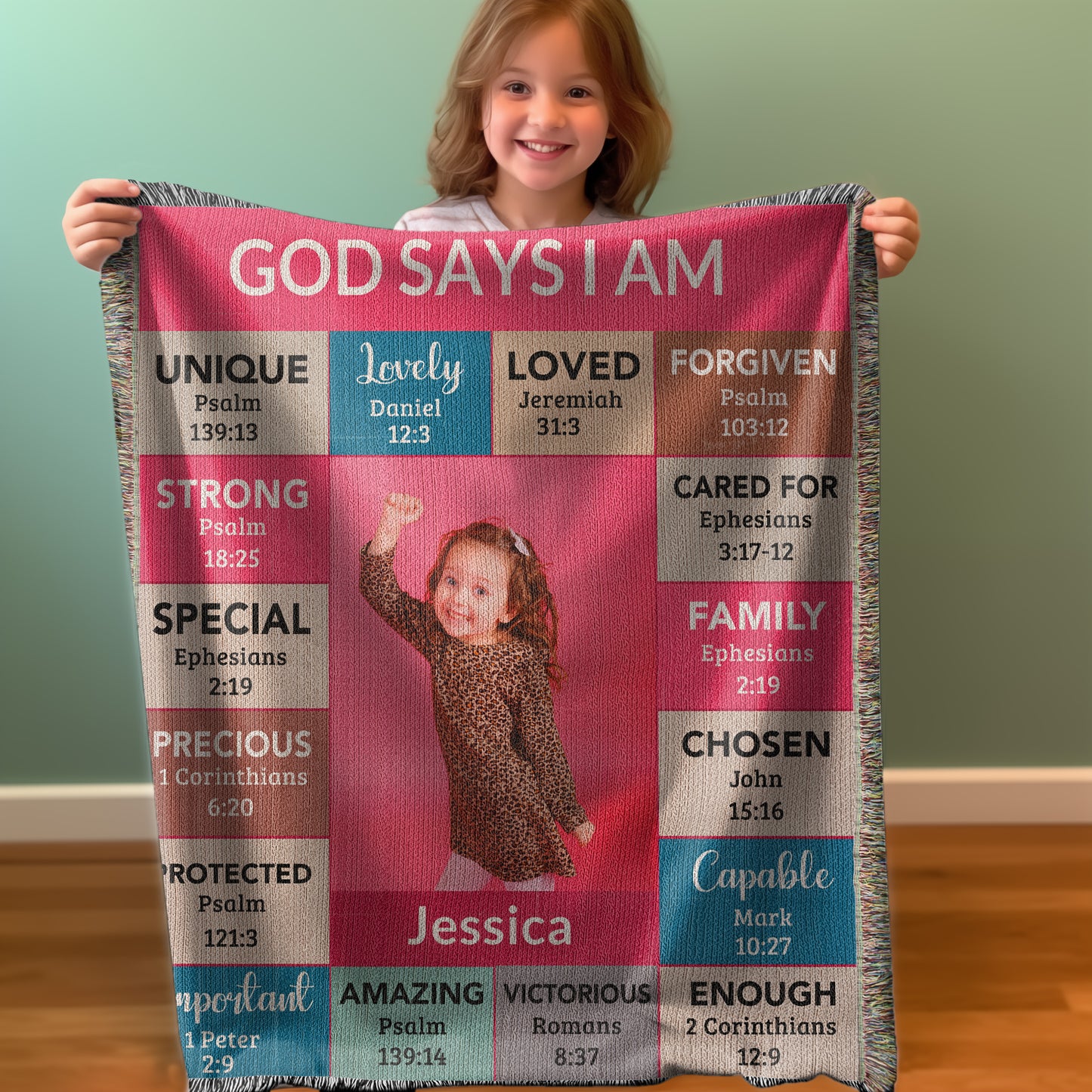 God Says I Am Personalized Woven Blanket – Custom Name & Photo – Christian Throw Blanket with Bible Verses – Faith Gift for Daughter, Granddaughter, Niece, or Goddaughter - Mallard Moon Gift Shop
