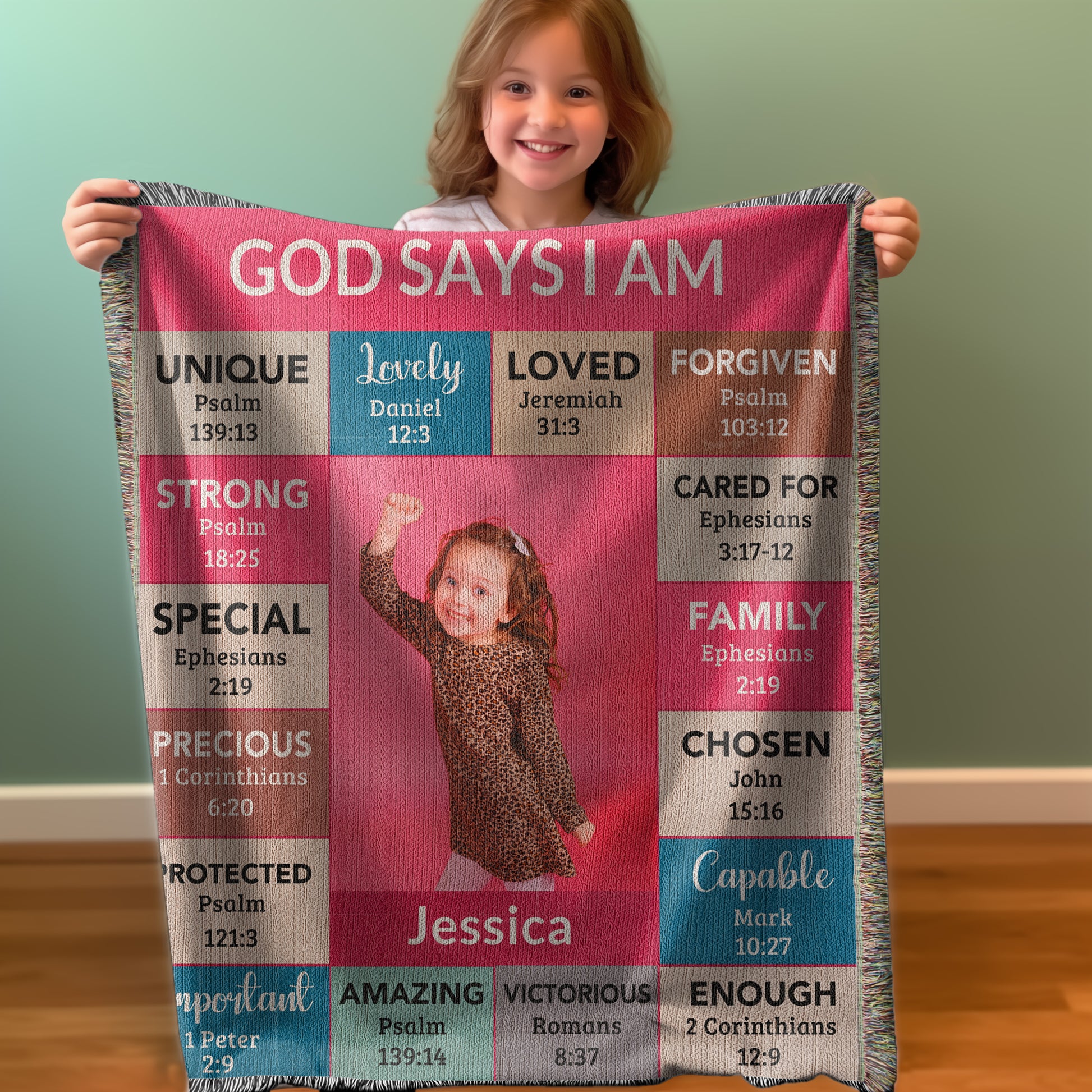 God Says I Am Personalized Woven Blanket – Custom Name & Photo – Christian Throw Blanket with Bible Verses – Faith Gift for Daughter, Granddaughter, Niece, or Goddaughter - Mallard Moon Gift Shop