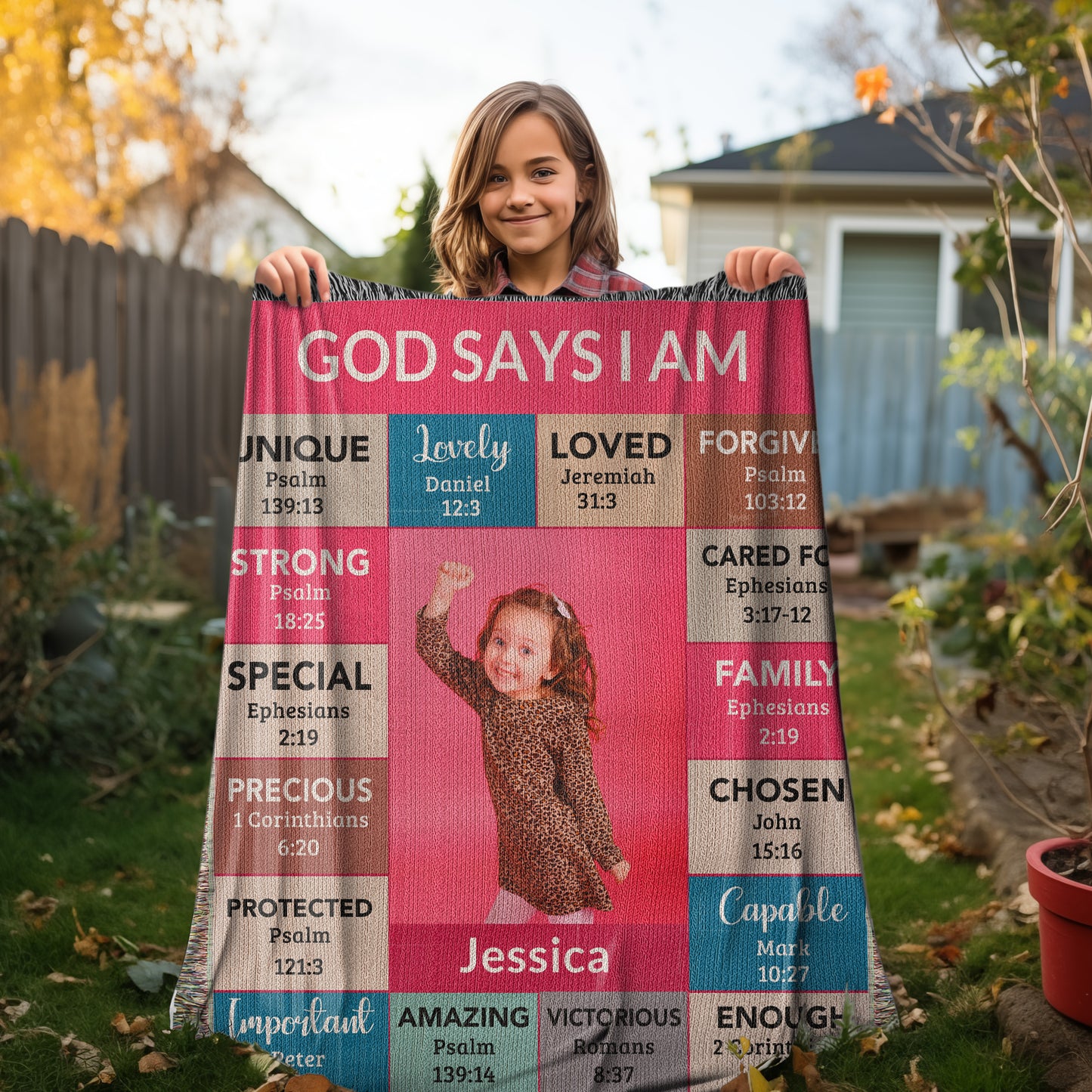 God Says I Am Personalized Woven Blanket – Custom Name & Photo – Christian Throw Blanket with Bible Verses – Faith Gift for Daughter, Granddaughter, Niece, or Goddaughter - Mallard Moon Gift Shop
