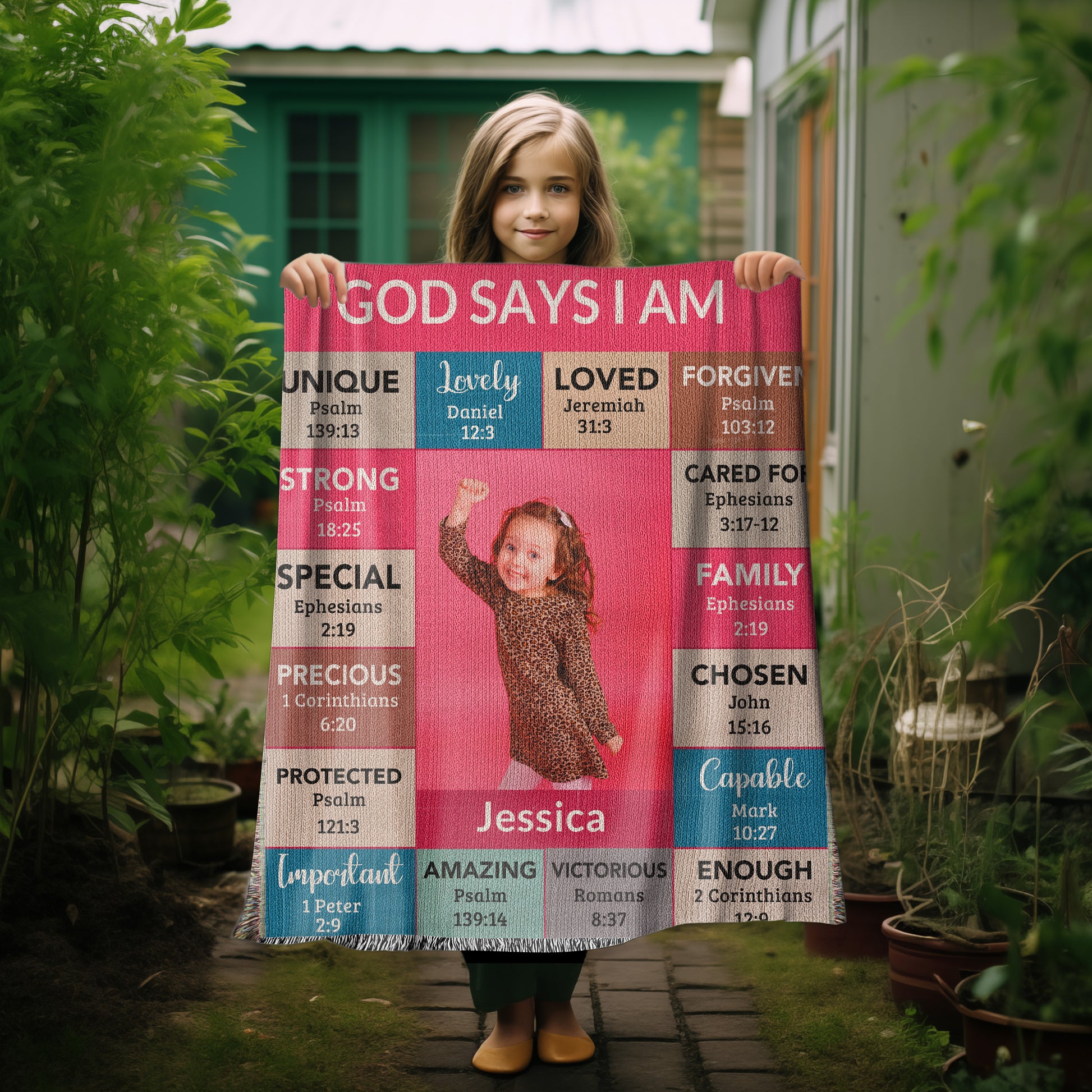 God Says I Am Personalized Woven Blanket – Custom Name & Photo – Christian Throw Blanket with Bible Verses – Faith Gift for Daughter, Granddaughter, Niece, or Goddaughter - Mallard Moon Gift Shop