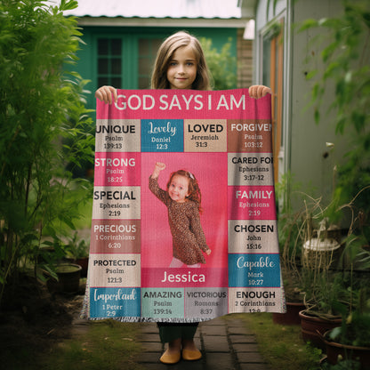 God Says I Am Personalized Woven Blanket – Custom Name & Photo – Christian Throw Blanket with Bible Verses – Faith Gift for Daughter, Granddaughter, Niece, or Goddaughter - Mallard Moon Gift Shop