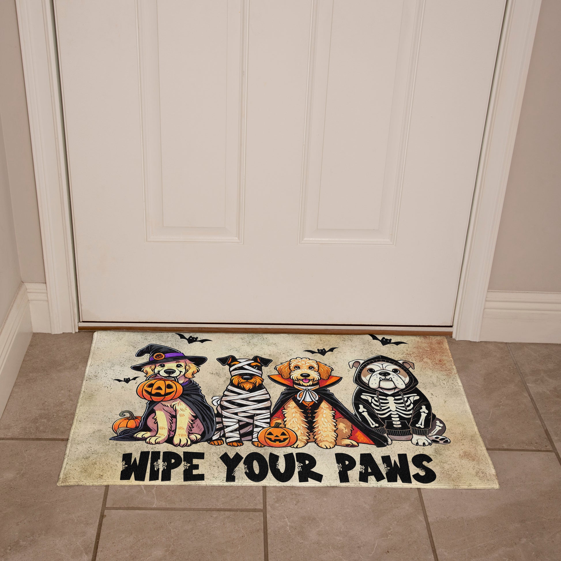Wipe Your Paws Halloween Doormat – Cute Dogs in Costumes Welcome Mat – Funny Spooky Fall Decor for Dog Lovers - Mallard Moon