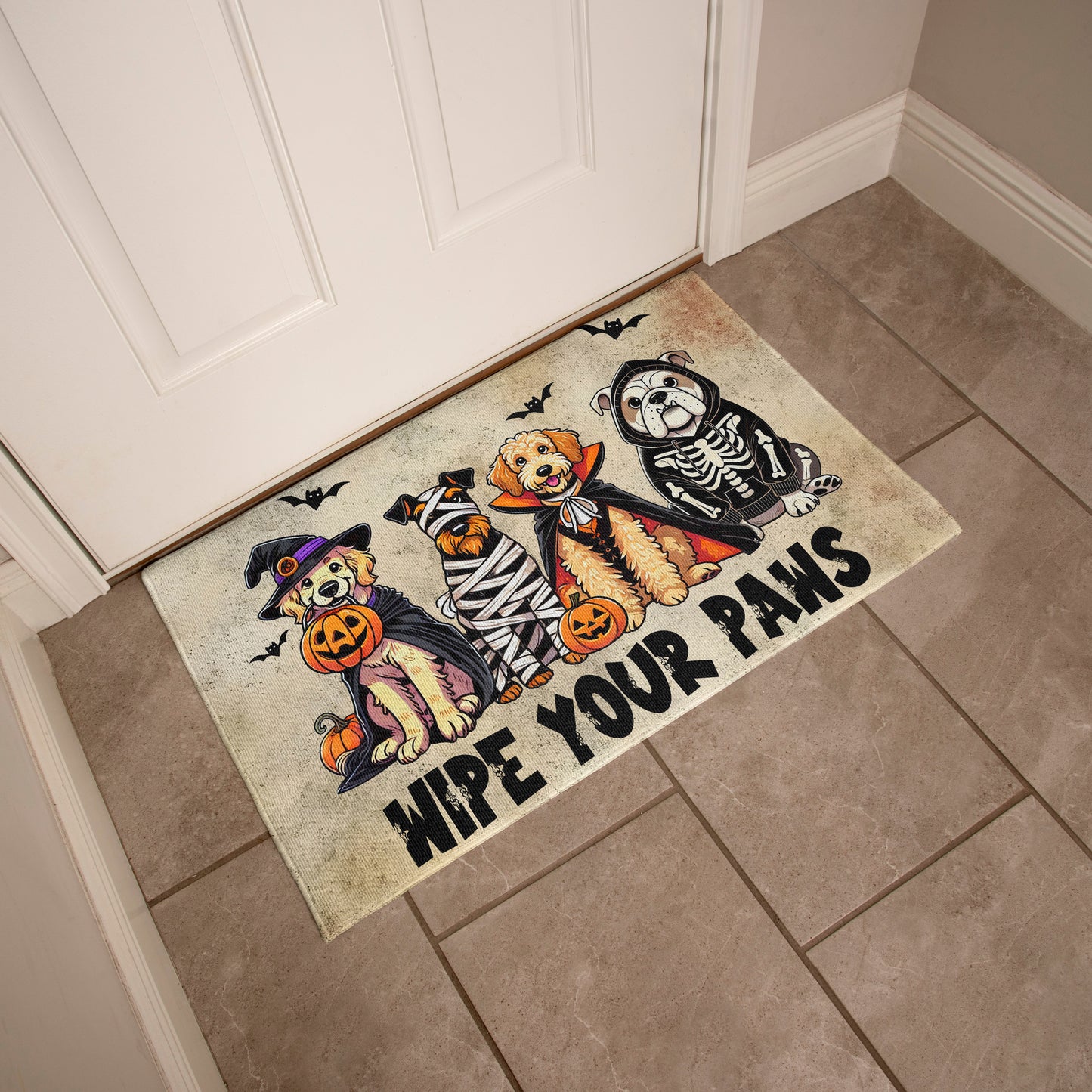 Wipe Your Paws Halloween Doormat – Cute Dogs in Costumes Welcome Mat – Funny Spooky Fall Decor for Dog Lovers - Mallard Moon