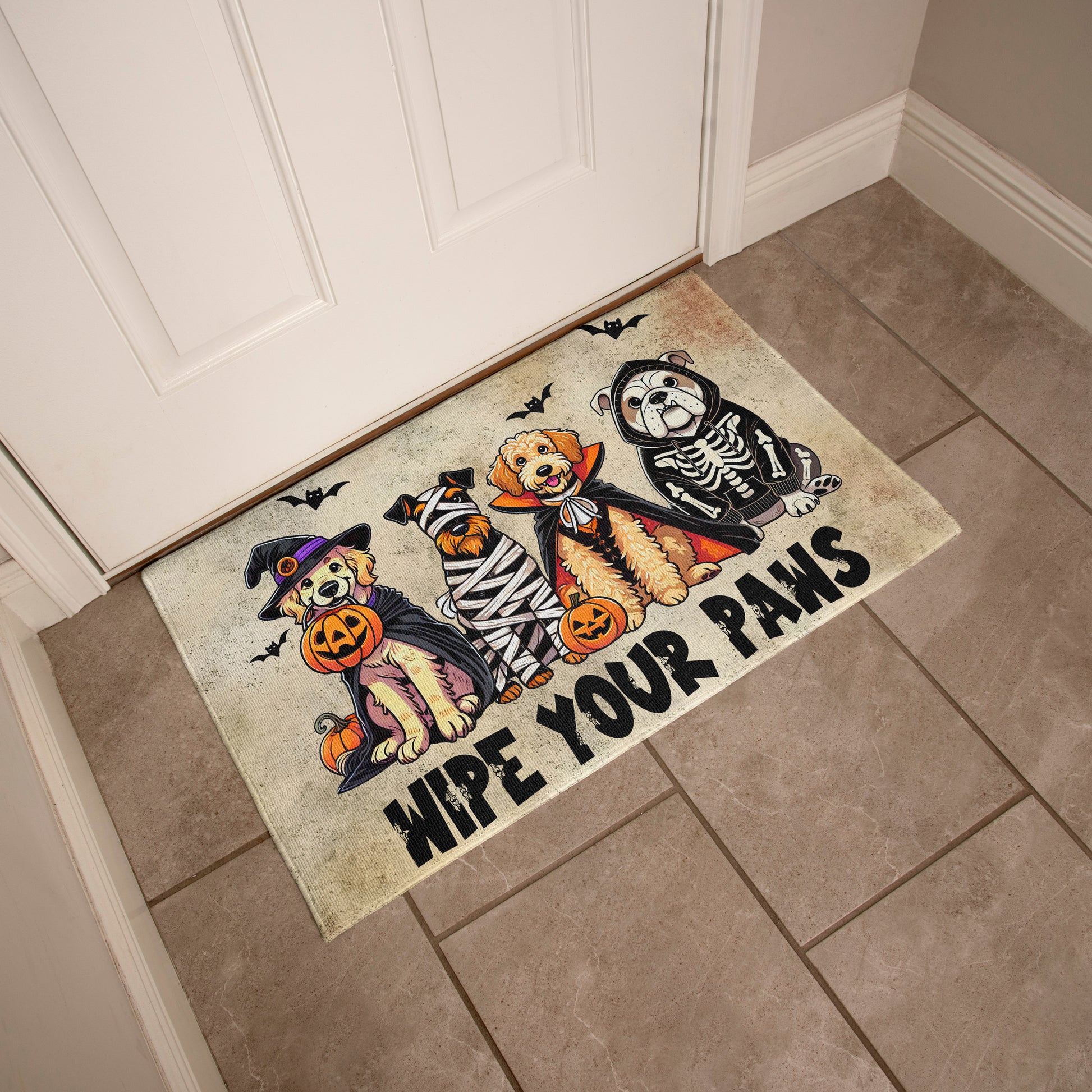 Wipe Your Paws Halloween Doormat – Cute Dogs in Costumes Welcome Mat – Funny Spooky Fall Decor for Dog Lovers - Mallard Moon