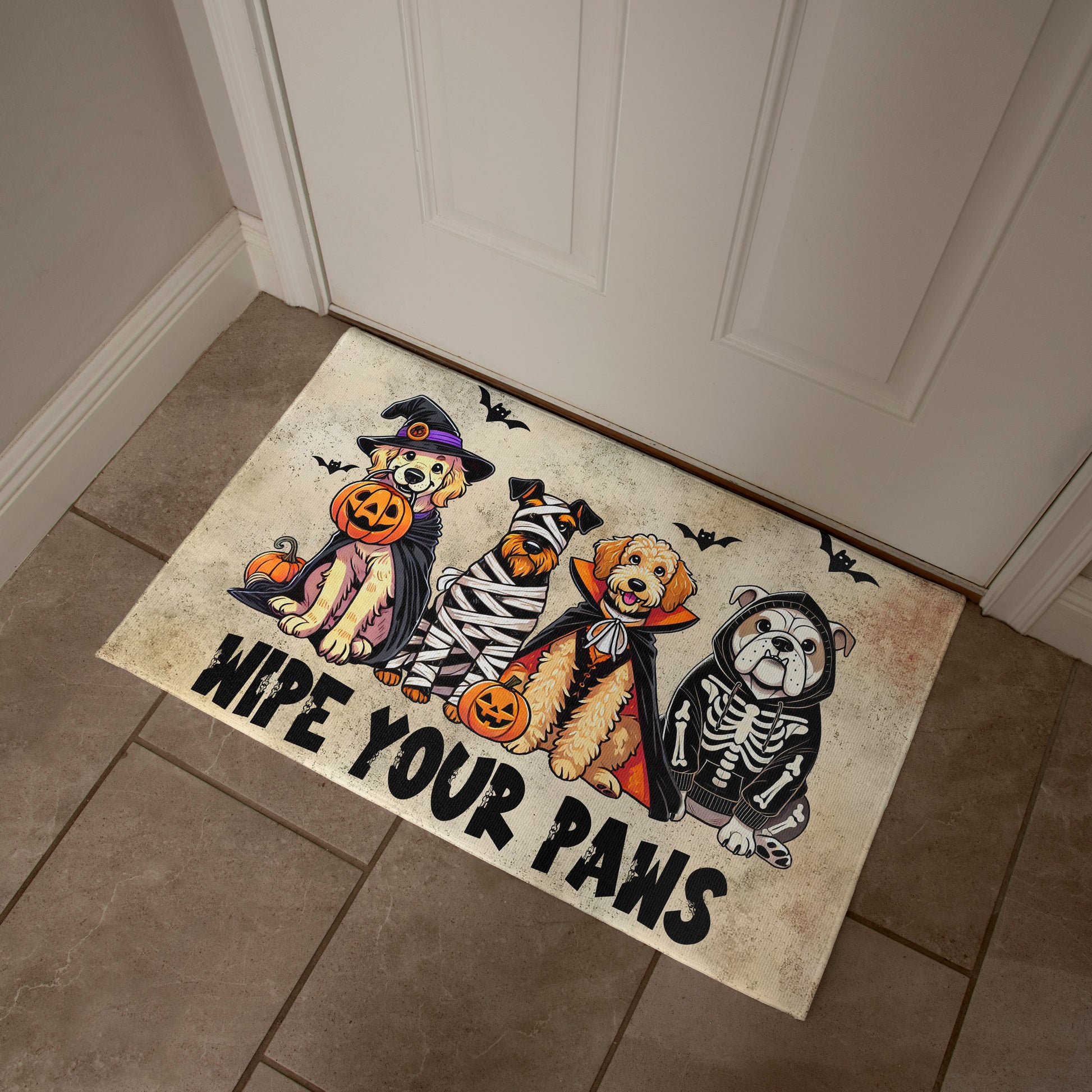 Wipe Your Paws Halloween Doormat – Cute Dogs in Costumes Welcome Mat – Funny Spooky Fall Decor for Dog Lovers - Mallard Moon