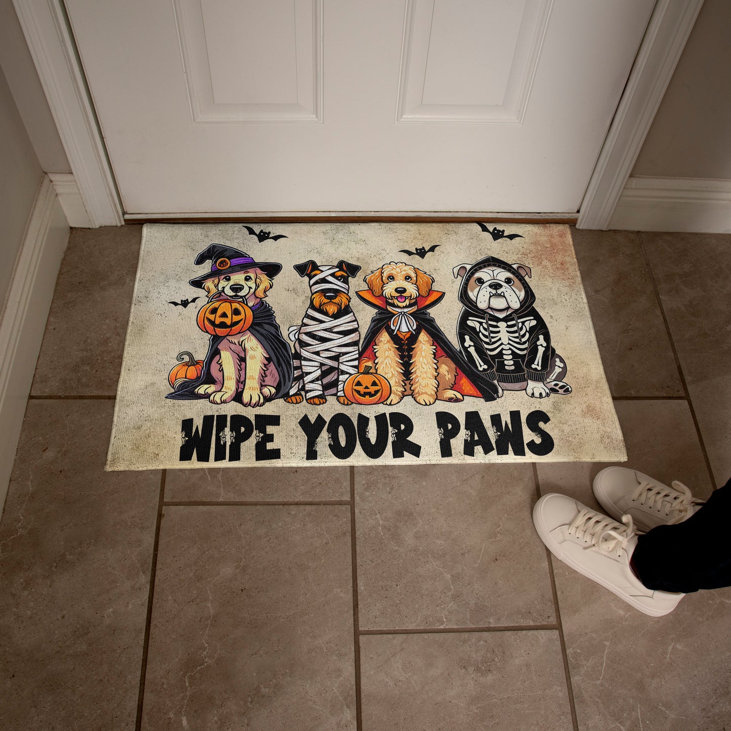 Wipe Your Paws Halloween Doormat – Cute Dogs in Costumes Welcome Mat – Funny Spooky Fall Decor for Dog Lovers - Mallard Moon