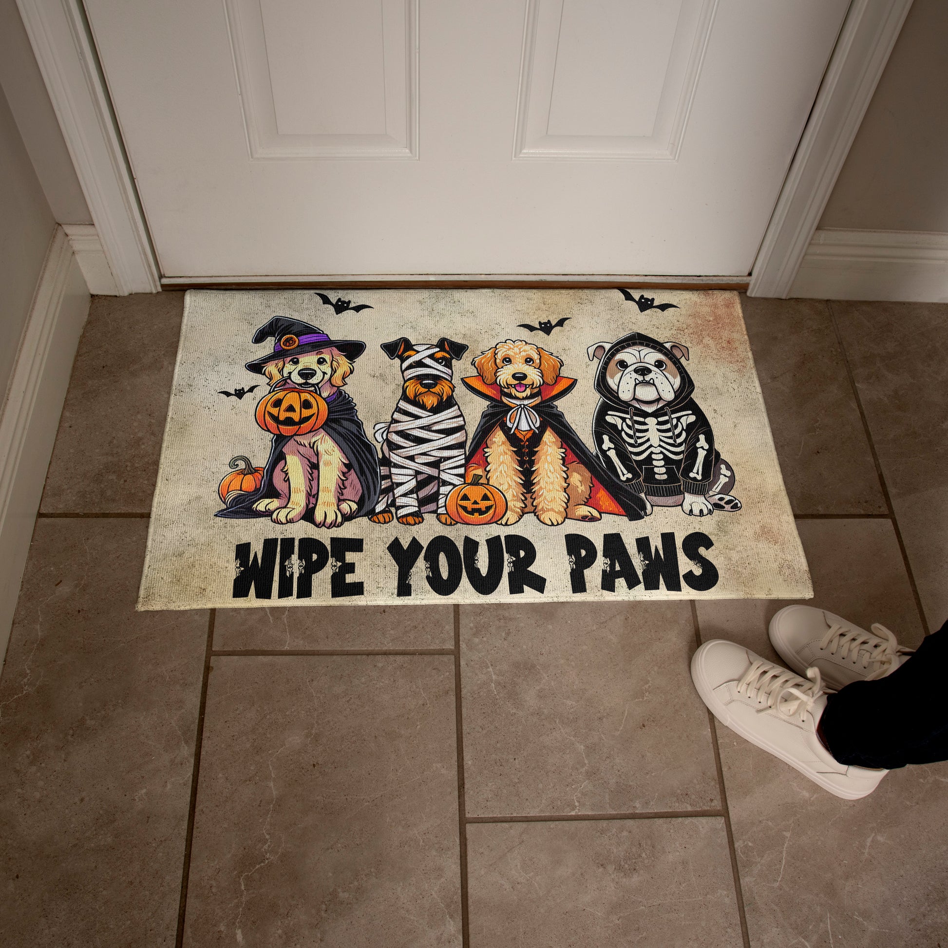 Wipe Your Paws Halloween Doormat – Cute Dogs in Costumes Welcome Mat – Funny Spooky Fall Decor for Dog Lovers - Mallard Moon