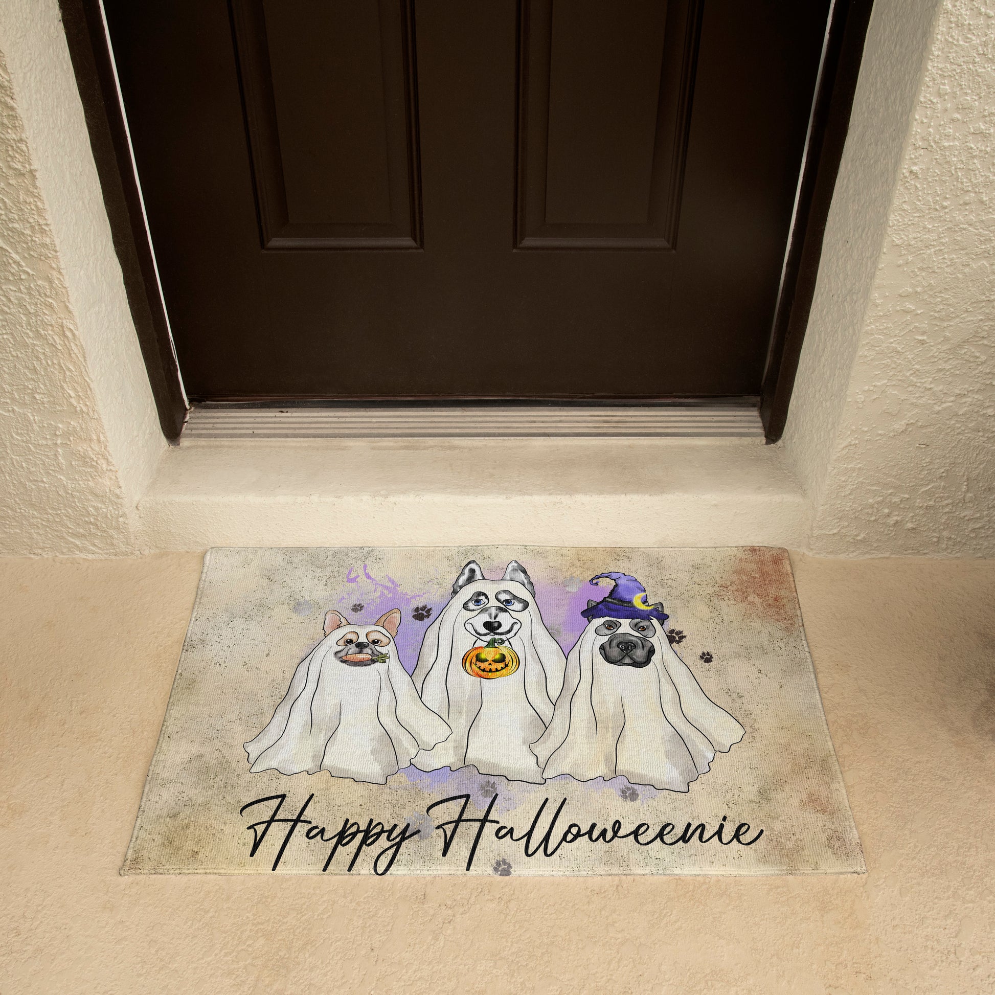 Happy Halloweenie Dog Doormat – Funny Ghost Dogs Welcome Mat – Cute Spooky Fall Décor for Dog Lovers - Mallard Moon