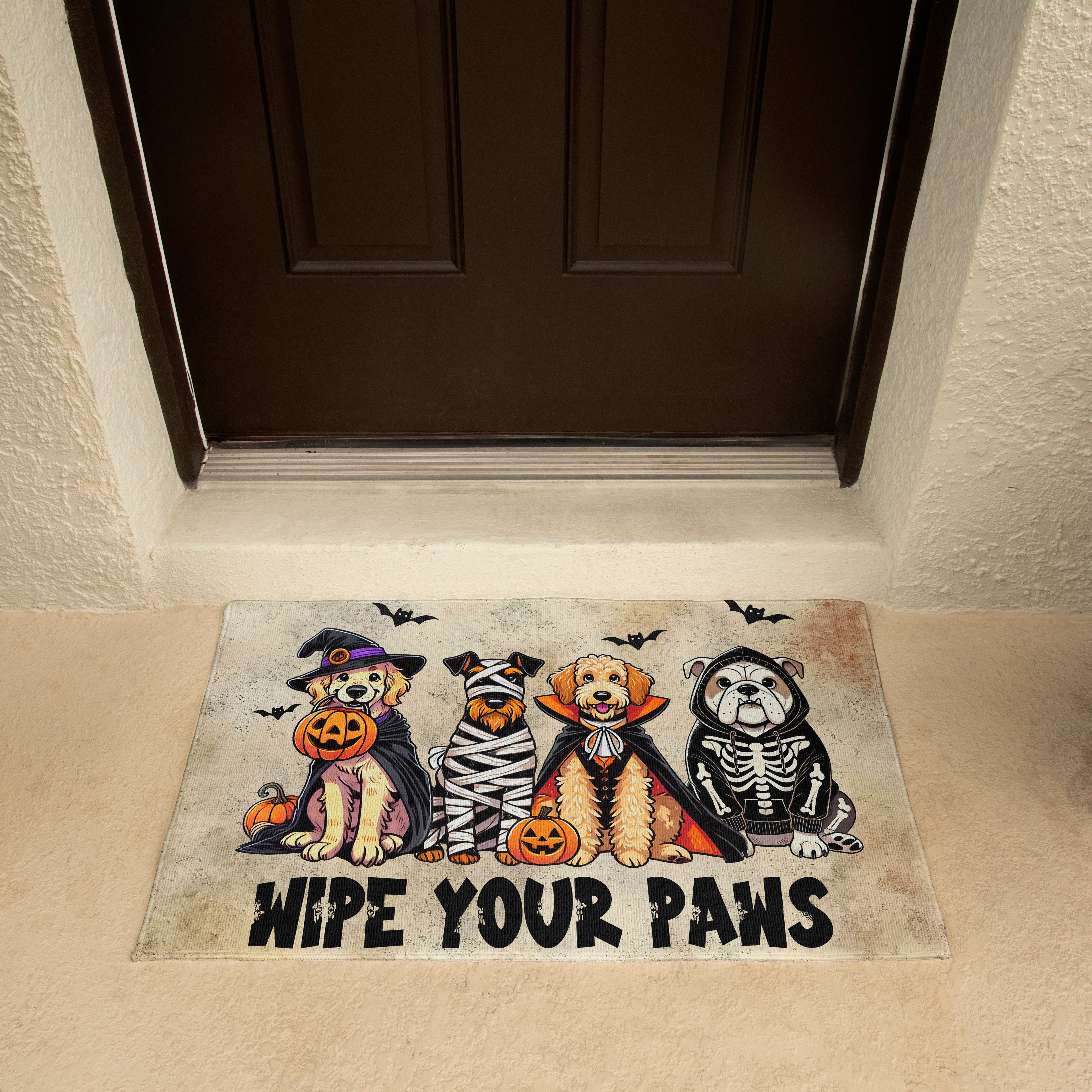 Wipe Your Paws Halloween Doormat – Cute Dogs in Costumes Welcome Mat – Funny Spooky Fall Decor for Dog Lovers - Mallard Moon