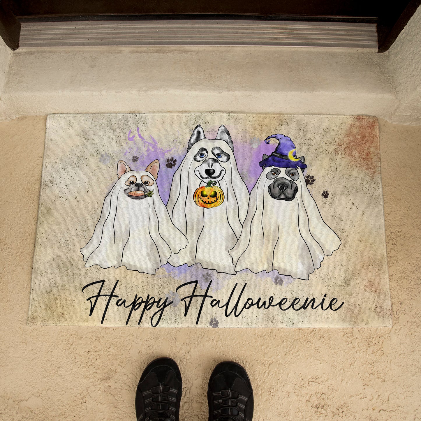 Happy Halloweenie Dog Doormat – Funny Ghost Dogs Welcome Mat – Cute Spooky Fall Décor for Dog Lovers - Mallard Moon