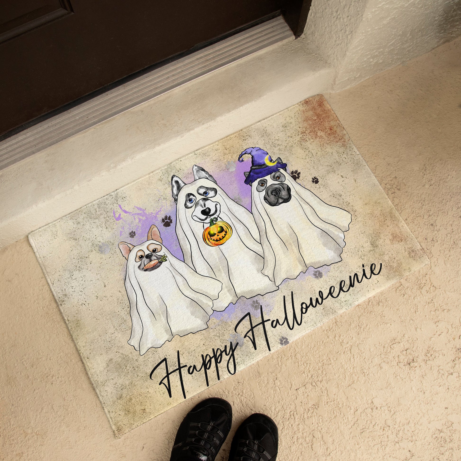 Happy Halloweenie Dog Doormat – Funny Ghost Dogs Welcome Mat – Cute Spooky Fall Décor for Dog Lovers - Mallard Moon