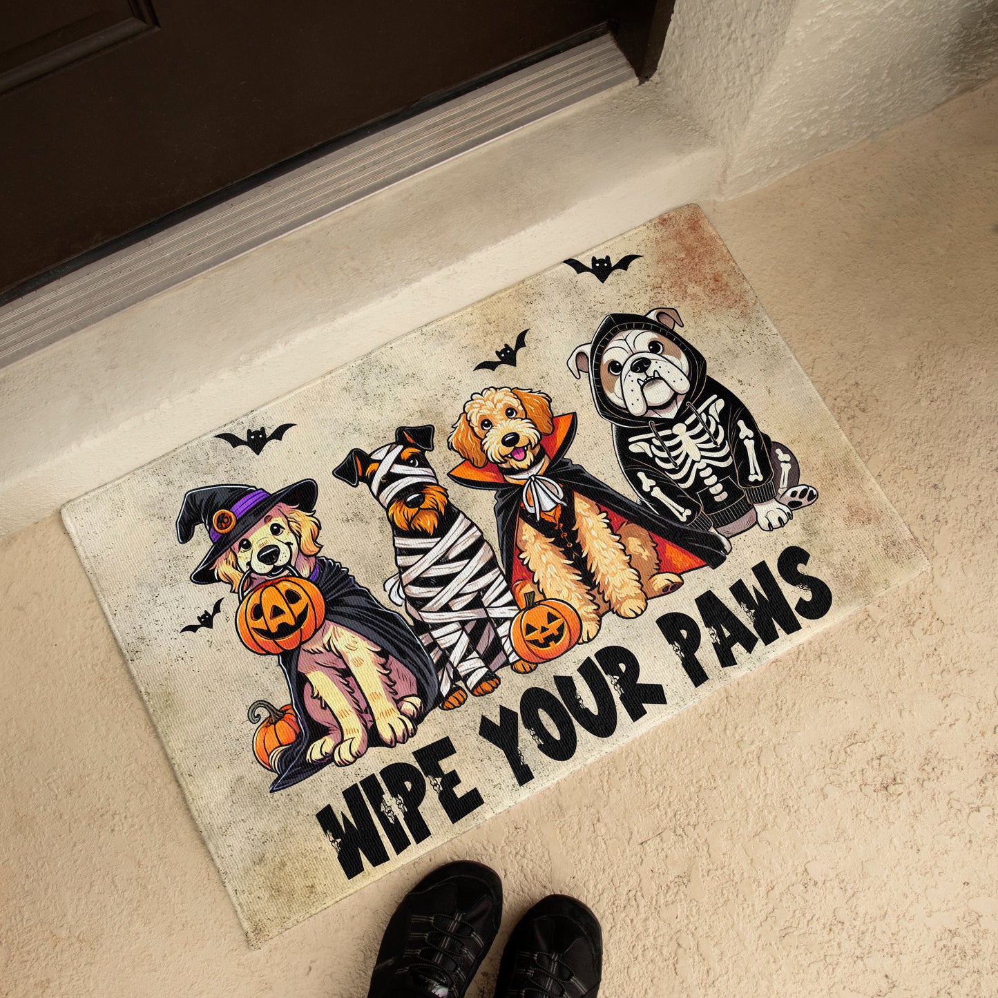 Wipe Your Paws Halloween Doormat – Cute Dogs in Costumes Welcome Mat – Funny Spooky Fall Decor for Dog Lovers - Mallard Moon