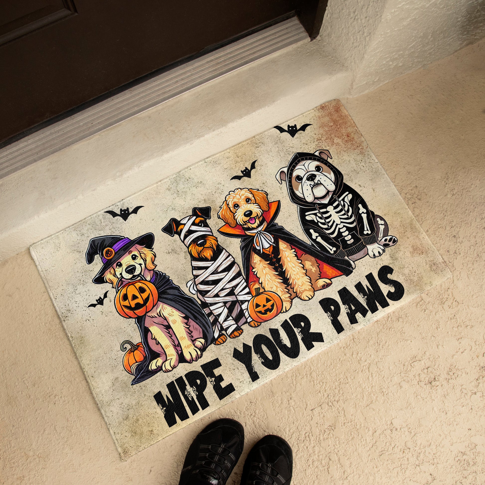 Wipe Your Paws Halloween Doormat – Cute Dogs in Costumes Welcome Mat – Funny Spooky Fall Decor for Dog Lovers - Mallard Moon