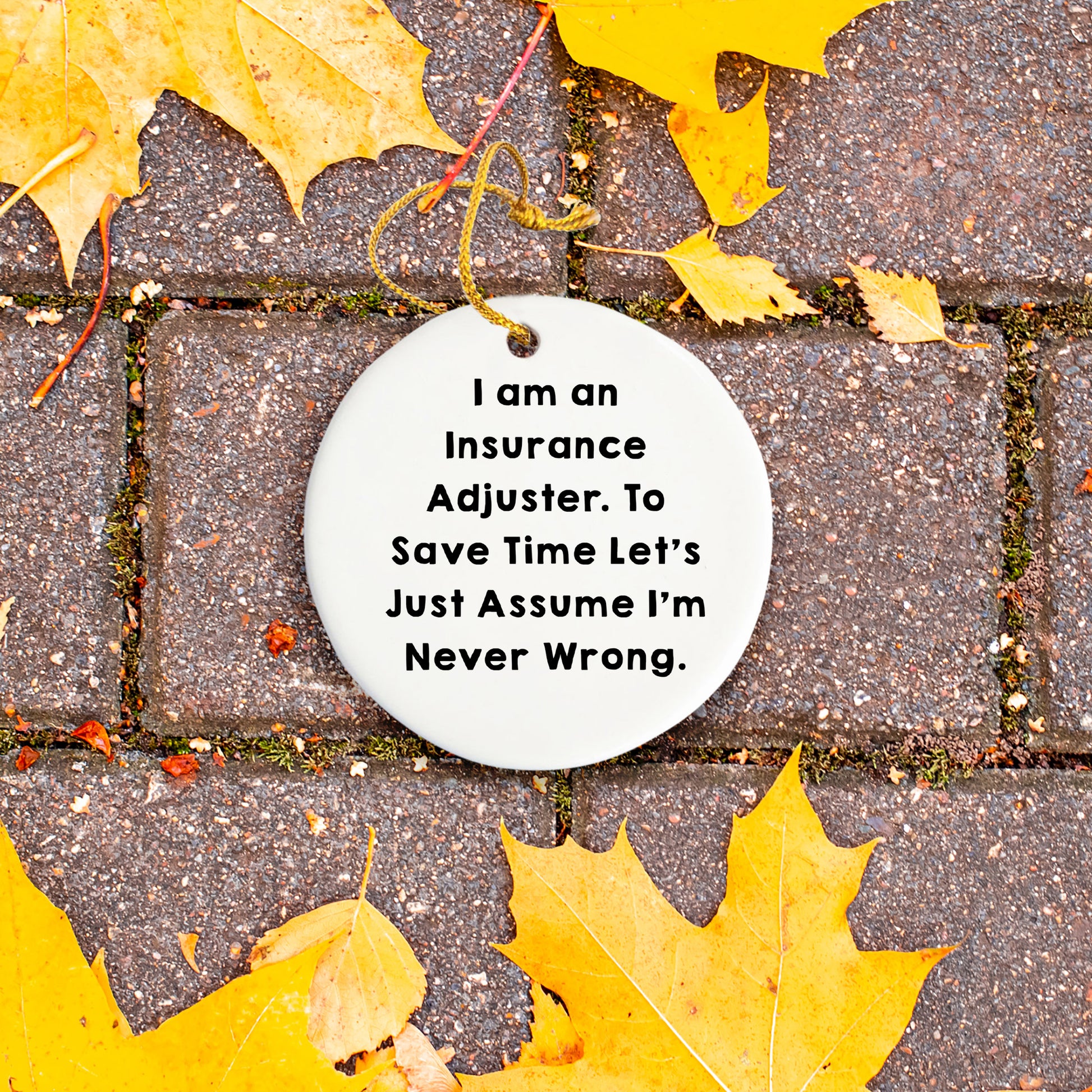 Insurance Adjuster Gifts from Friends - Funny Circle Ornament for Christmas - 'I Am An Insurance Adjuster. To Save Time Let's Just Assume I'm Never Wrong.'