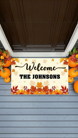 Personalized Welcome Doormat – Custom Family Name Fall Doormat with Autumn Leaves, Berries & Warm Harvest Colors – Perfect for Thanksgiving and Seasonal Porch Décor
