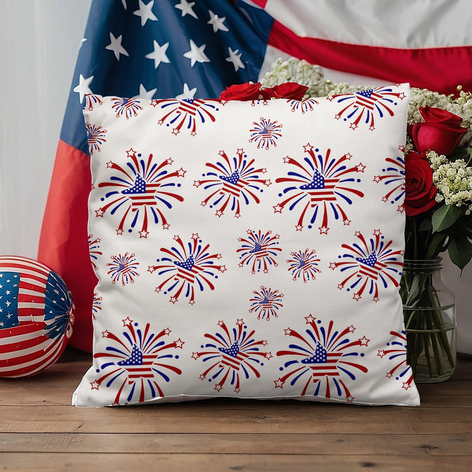 Star Red White and Blue Fireworks 4th of July Patriotic Indoor-Outdoor Pillow - Mallard Moon Gift Shop