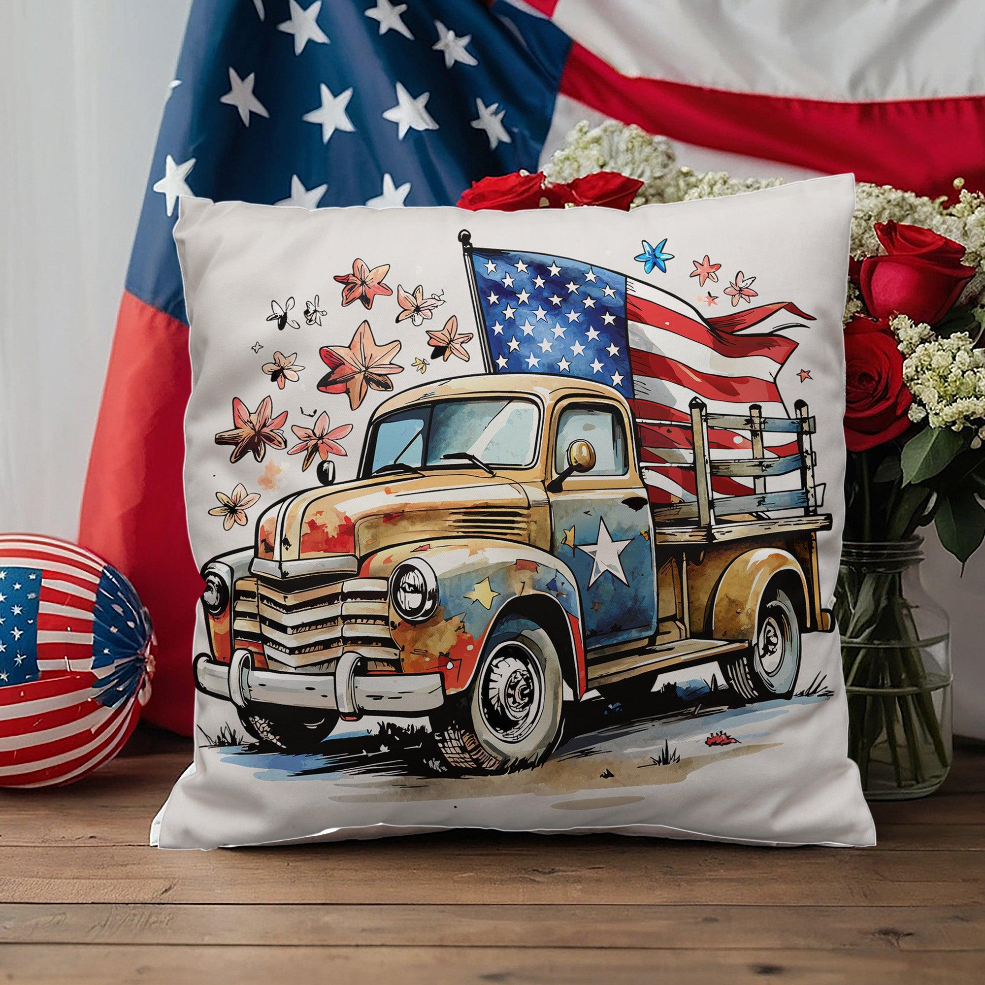 Patriotic Vintage Truck Fourth of July Home Decor Indoor-Outdoor Pillow - Mallard Moon Gift Shop