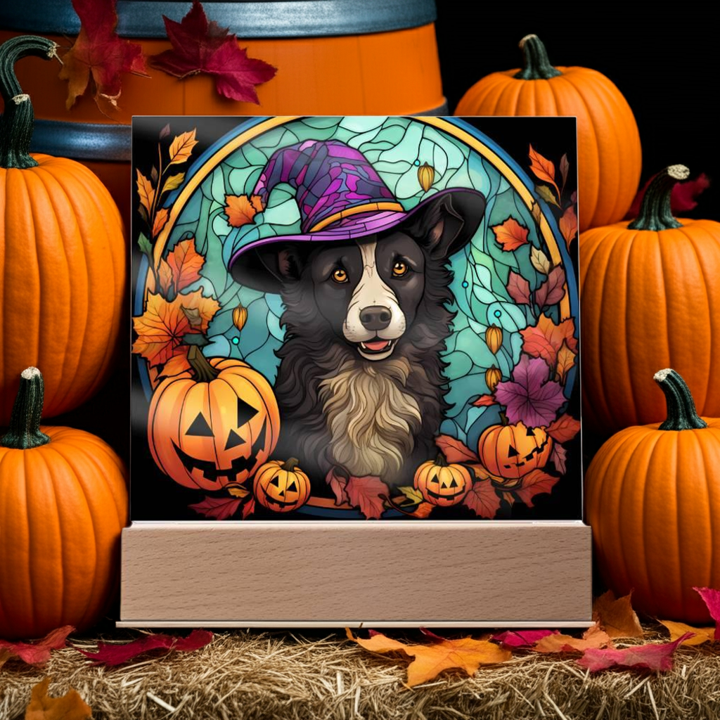 Dog Halloween Portrait Stained Glass Acrylic Plaque with LED Lighted Wooden Base - Mallard Moon