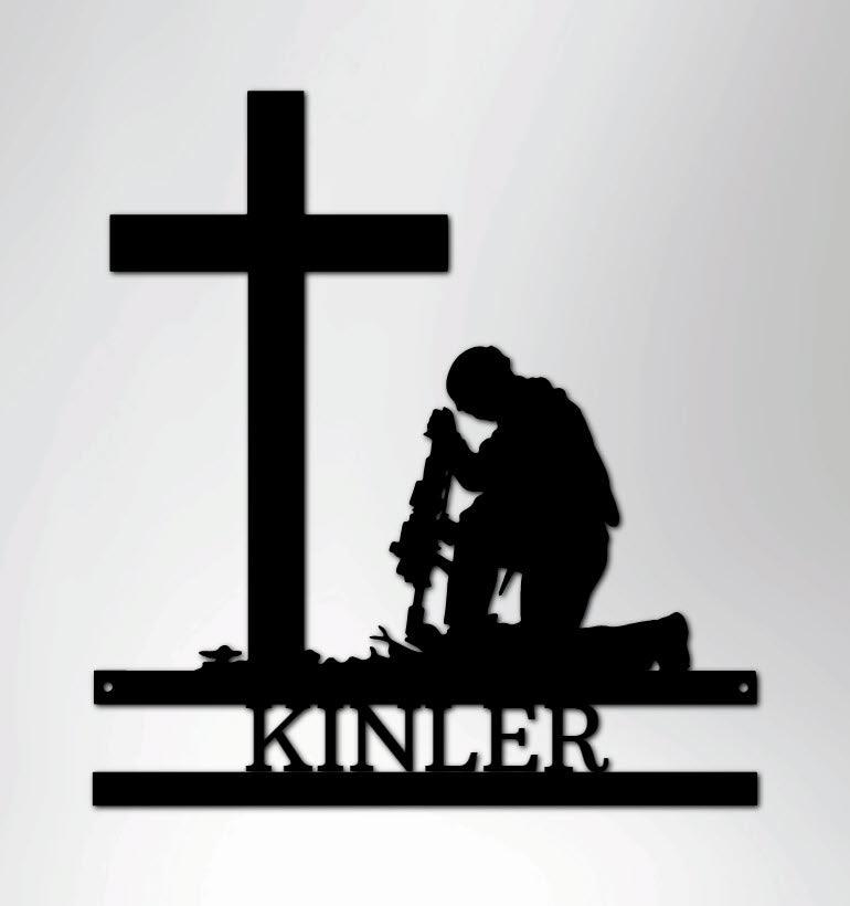 Praying Soldier Kneeling at Cross Custom Name Metal Wall Art - Mallard Moon Gift Shop