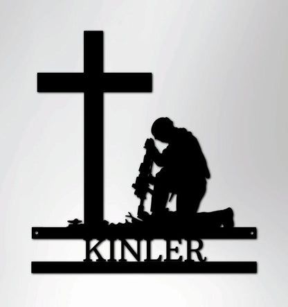 Praying Soldier Kneeling at Cross Custom Name Metal Wall Art - Mallard Moon Gift Shop